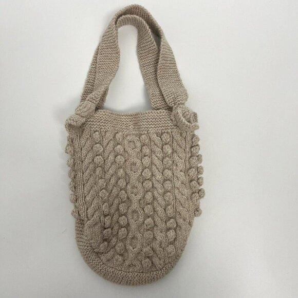 Cable Knit Hand Made Wool Blend Tan Neutral Boho Granny Grandma Tote Bag - Picture 1 of 9